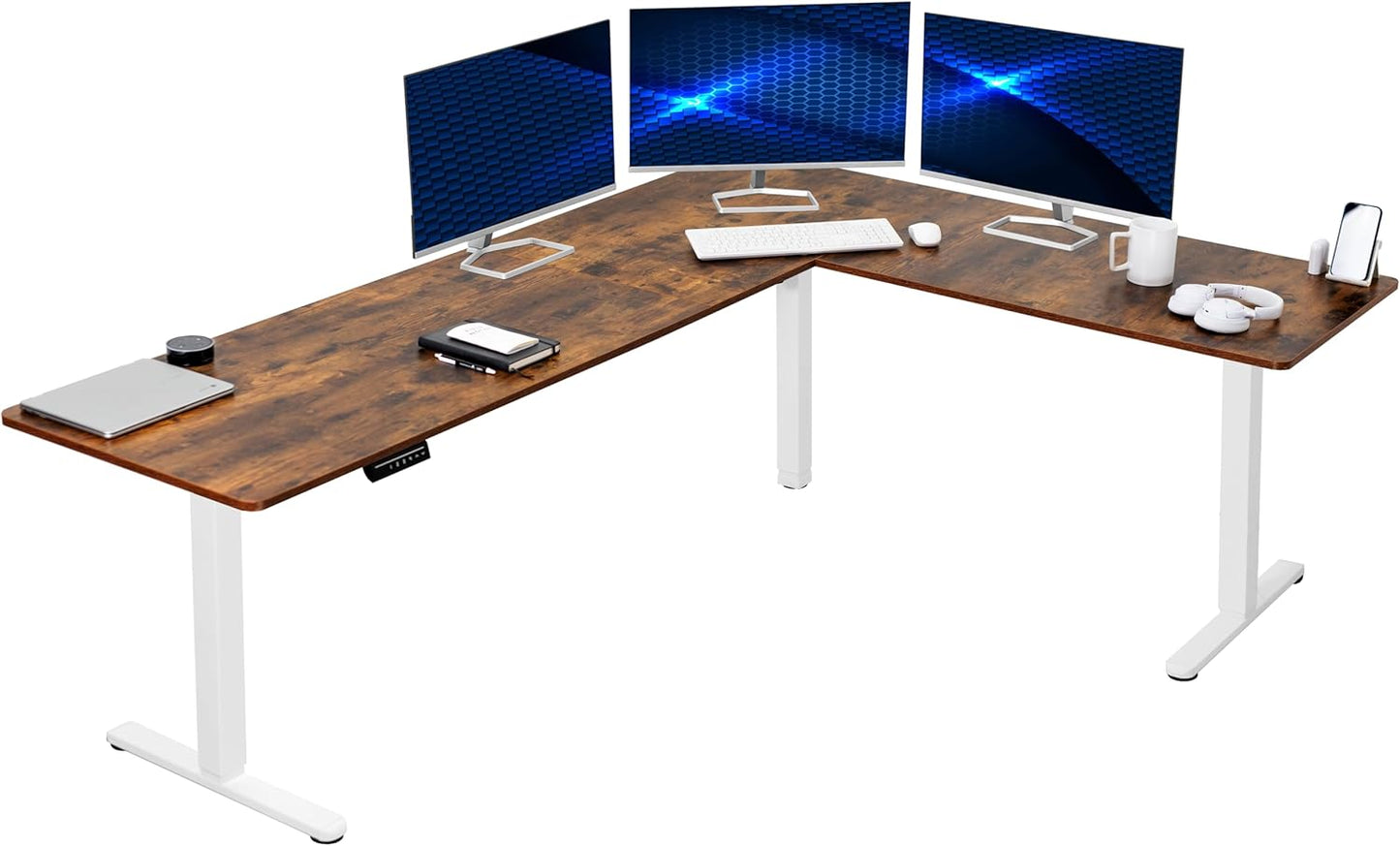 VIVO Electric Corner L-Shaped 84 x 63 in Rustic Standing Desk, Memory Height Adjustment, Vintage Brown Top White Frame, DESK-E3CTWN-84