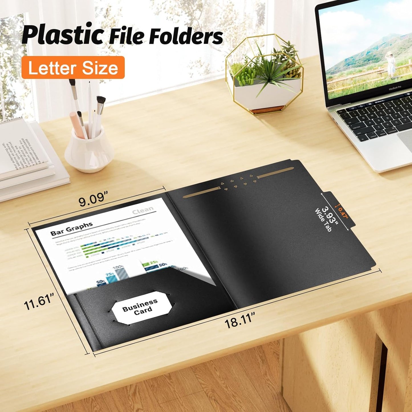 Fastener File Folder,Plastic Folders with Pockets,Reinforced Heavy Duty Pocket Folder with Brad,Manila,1/3 Cut Tabs,Letter Size,12 Pack,Black