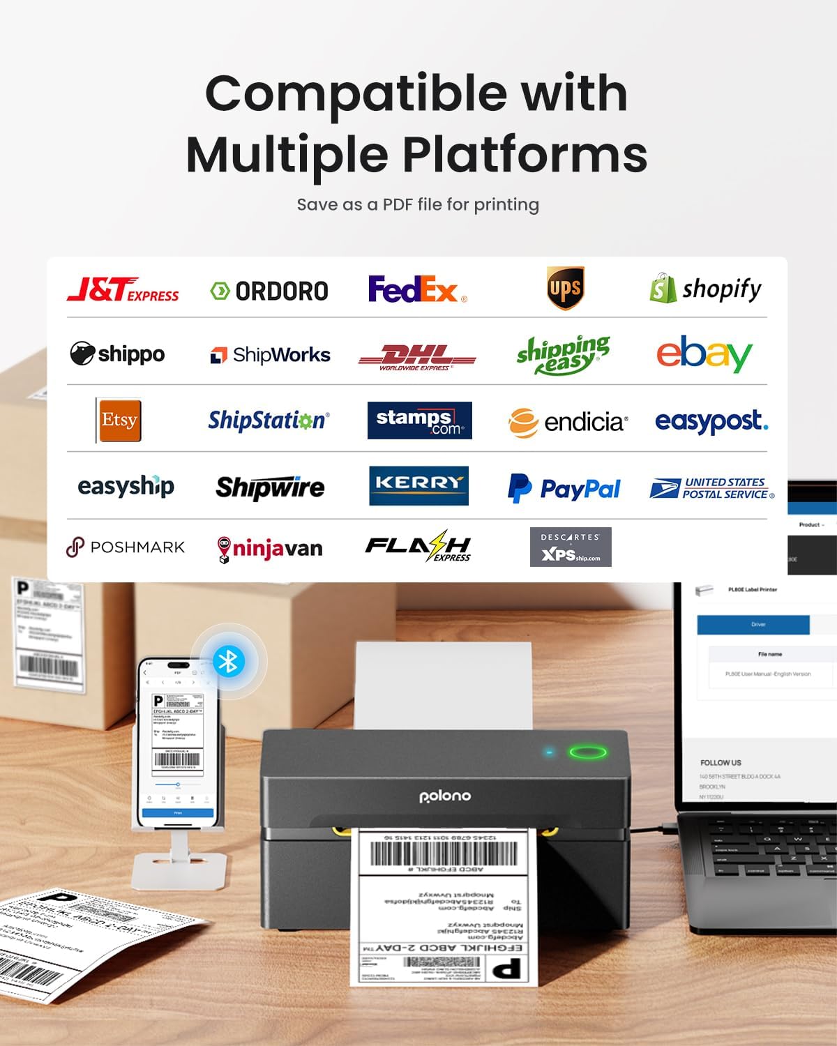 POLONO Bluetooth Thermal Shipping Label Printer, Wireless 4x6 Shipping Label Printer for Small Business, Support iOS, Android, Windows and Mac, Compatible with Amazon, Ebay, Shopify, Etsy, USPS(Black)
