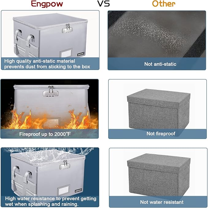 ENGPOW File Box with Lock,Fireproof Document Box with Pockets,Collapsible File Storage Organizer Filing Box with Handle,Portable Home Office File Cabinet Safe for Hanging Folders,2 Pack(Silver)