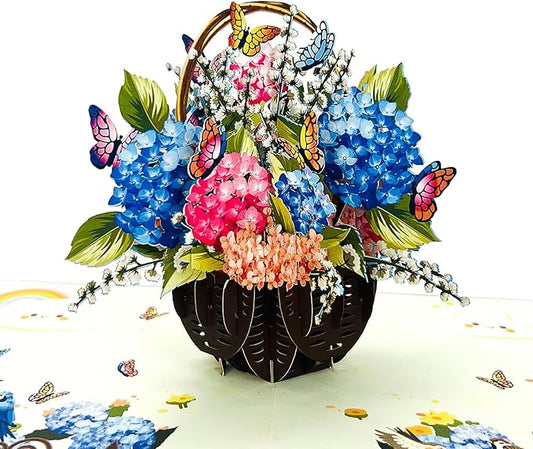 Hydrangea Basket Pop Up Card - Thank You, Birthday, Thinking of You, Get Well, Valentine's Day, and Mother's Day Greeting Cards for Women, Girlfriend, Mother, Sister, Grandmother