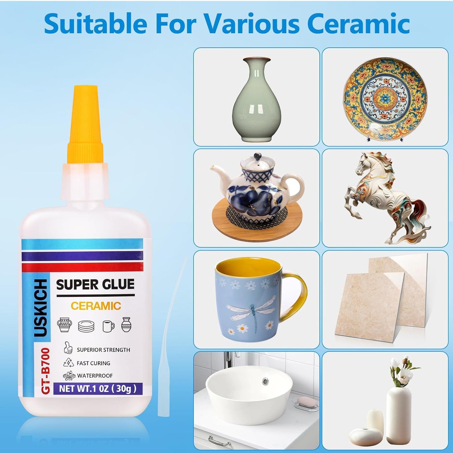 Super Glue for Porcelain and Pottery Repair with Anti Clog Cap. 6 x 1 fl oz,CA Glue - Clear Ceramic Repair Adhesivefor Dishes, Tiles, DIY Crafts, Quick Dry