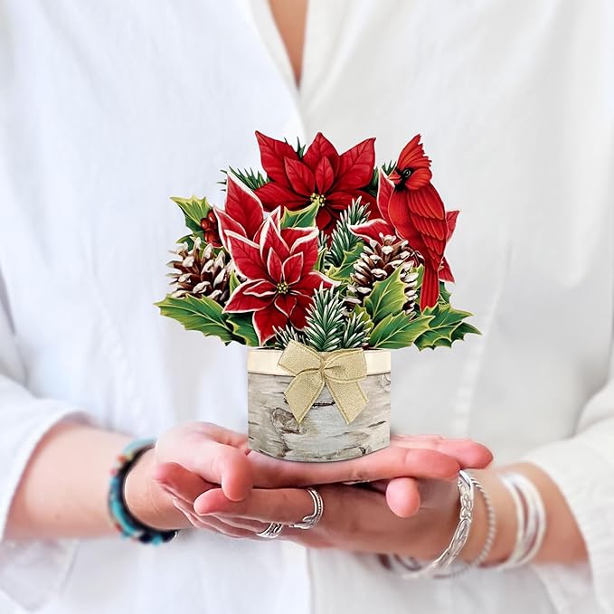 Freshcut Paper Pop Up Cards, Mini Birch Poinsettia, 6 Inch Mini Sized Forever Flower Bouquet 3D Popup Greeting Cards, Christmas Card, Holiday Card, Blank Notecard & Envelope