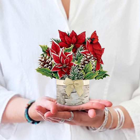 Freshcut Paper Pop Up Cards, Mini Birch Poinsettia, 6 Inch Mini Sized Forever Flower Bouquet 3D Popup Greeting Cards, Christmas Card, Holiday Card, Blank Notecard & Envelope