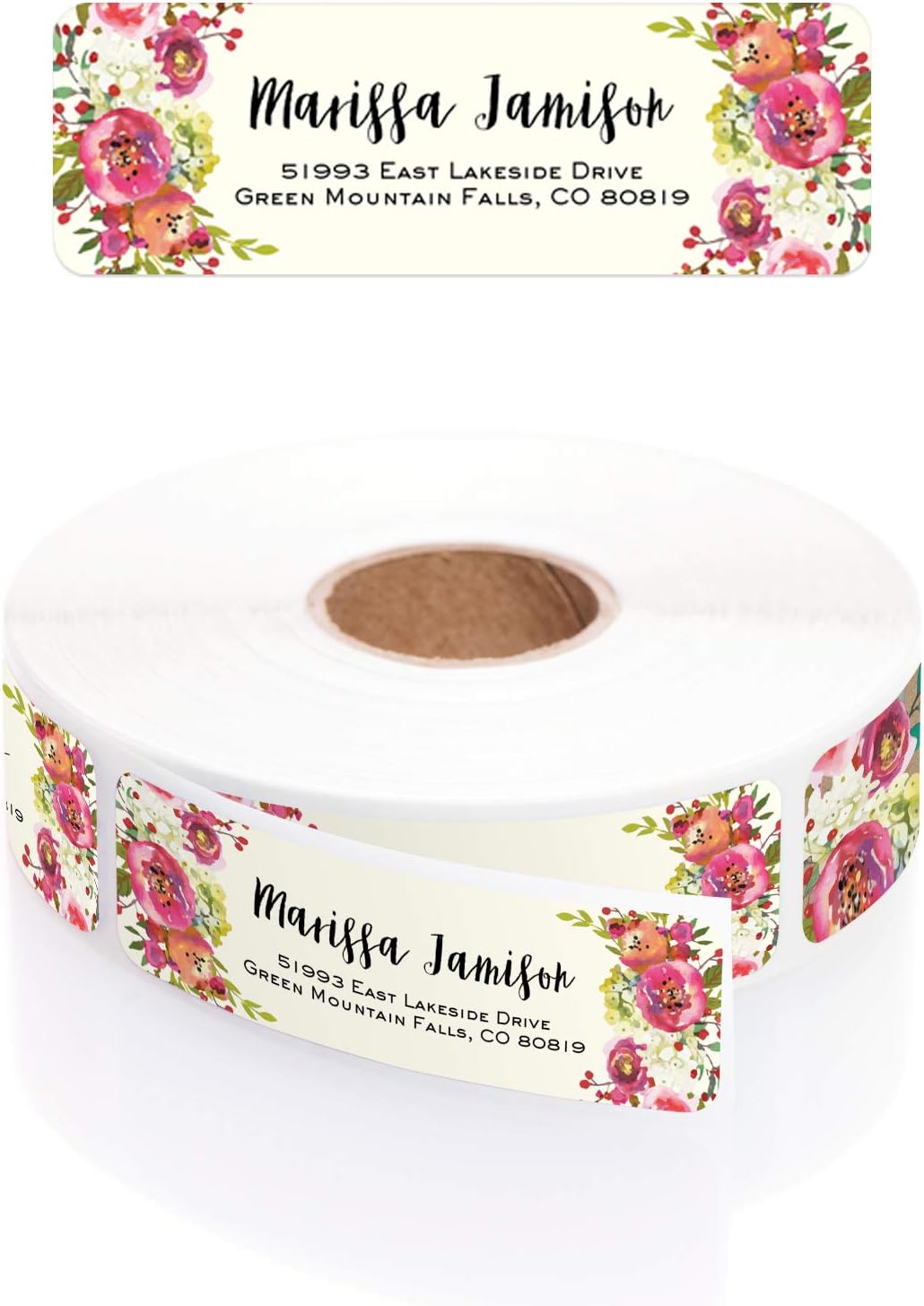 Vibrant Floral and Ivory Rolled Address Labels/Roll of 250 Personalized Address Labels/Designer Return Address Stickers in Elegant Plastic Dispenser