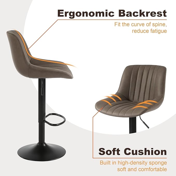 Bar Stools Set of 4, Swivel Counter Height Barstools with Back, Adjustable PU Leather Bar Chairs, Modern Armless Kitchen Island Stool, Brown