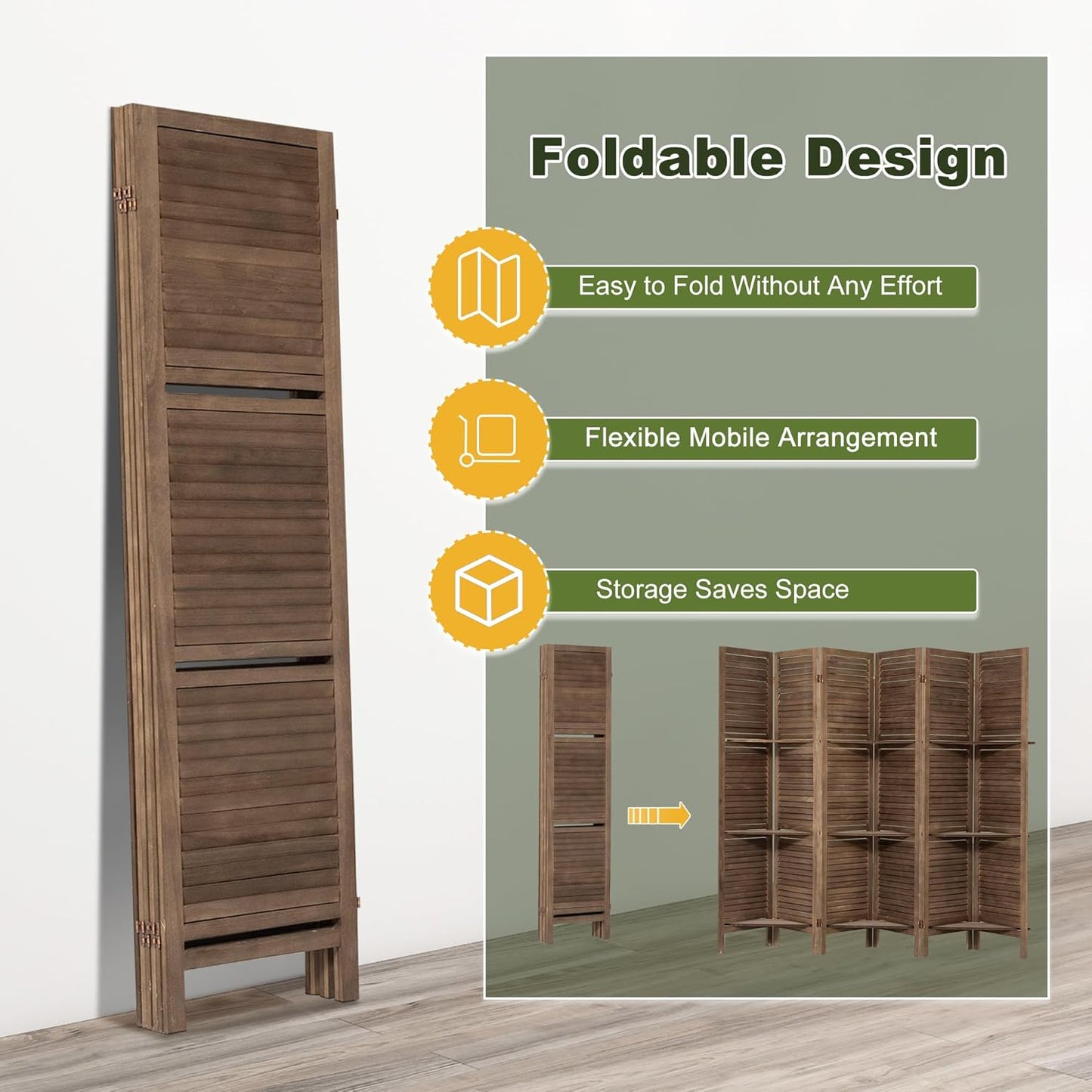 NicBex 6 Panel Room Divider,5.6FT Wood Carved Room Dividers with Display Shelves Folding Privacy Screens Portable Freestanding Partition Wall Dividers for Room Separation, Bedroom Office,Dark Brown