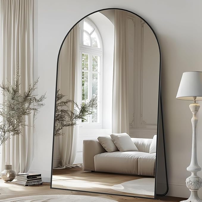Full Length Mirror, 91"x46" Oversized Floor Mirror Freestanding, Full Body Floor Standing Mirrors with Stand, Hanging Mounted for Bedroom Living Room, Black, Arched Style
