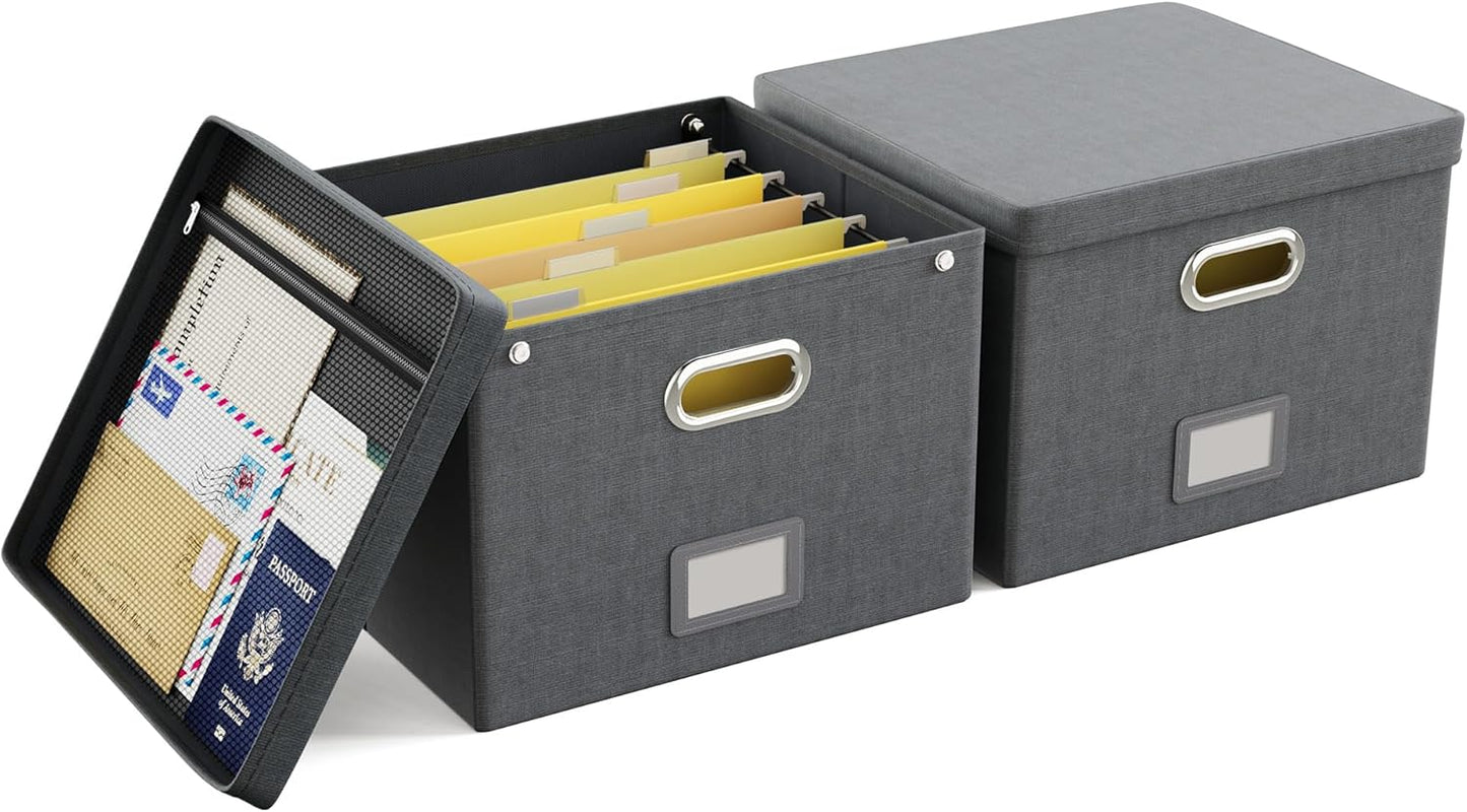 2 Pack File Organizer Box with Lid, Large Hanging Filing Box with Mesh Pocket, Document Organizer for Letter Files, Portable Storage Case for Office&Home (Dark grey)