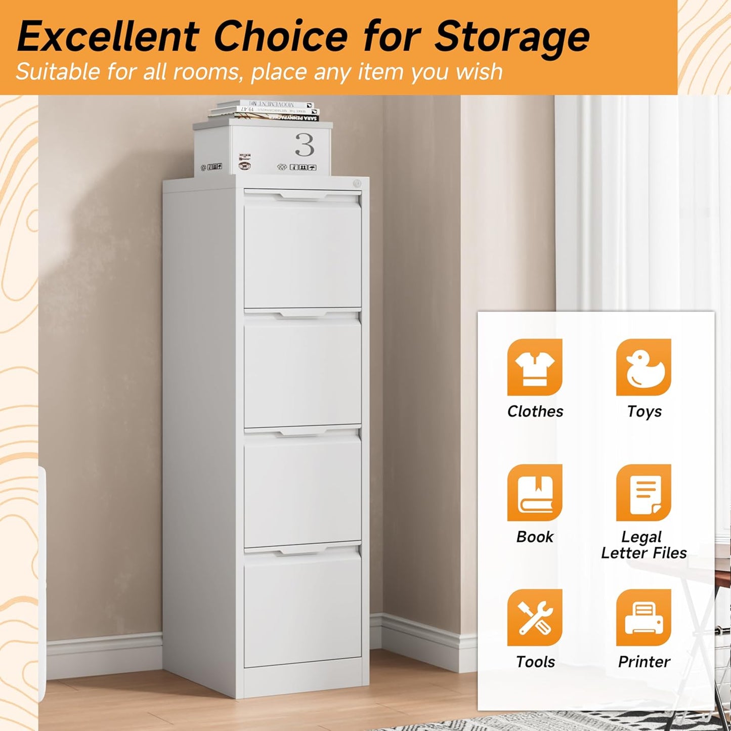 Bestoo 17.8" D Vertical File Cabinet, 4 Drawer Metal Filing Cabinets with Lock, Steel Filing Cabinet for Home Office, File Cabinet for Letter/Legal/A4/F4 Size, Easy Assemble (White)