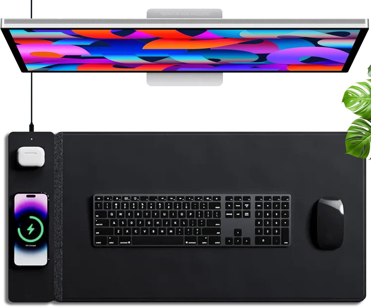 Wireless Charging Desk Pad, Large Non-Slip Reversible Felt & Vegan PU Leather Desk Mat, Waterproof, Detachable Magnetic Panel - Organize, Charge 2 Devices, Apple & Android Compatible - Black