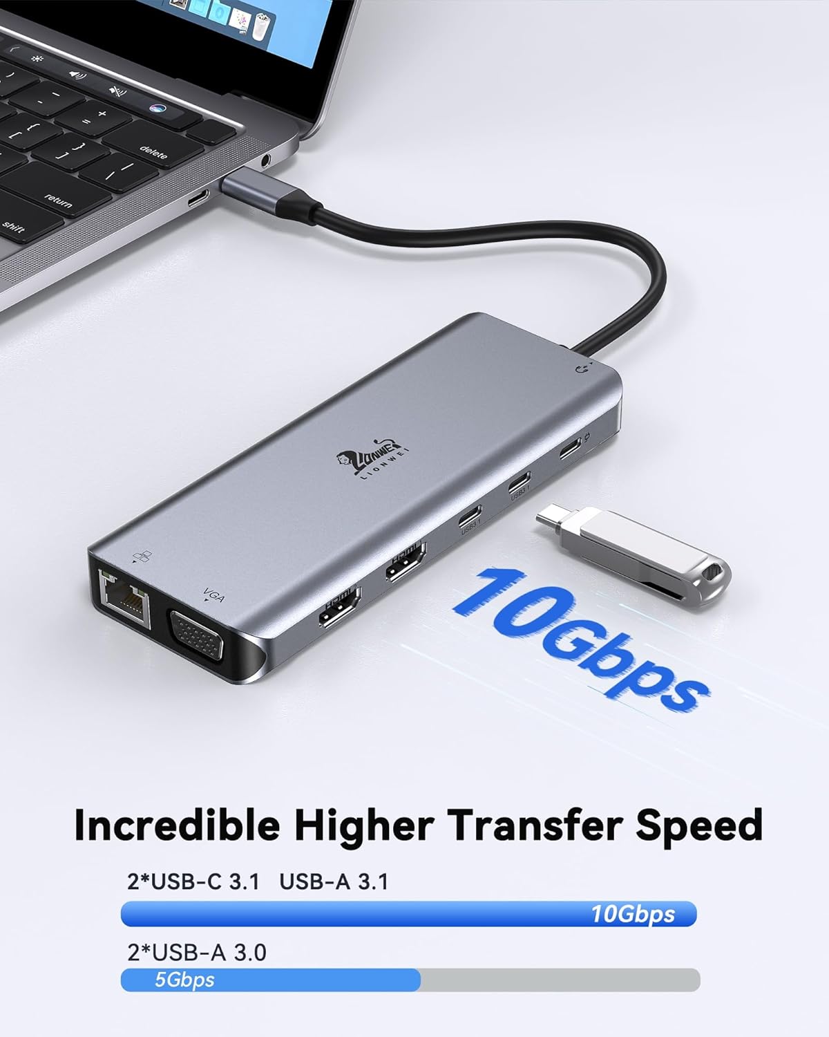 USB C Docking Station Dual Monitor for Laptop, LIONWEI 14-in-1 USB-C Hub with Triple Display, 2 HDMI + VGA, Ethernet, 6 USB A/C 3.0/2.0, PD, SD/TF, Audio, USBC Dock for Surface/HP/Dell/Lenovo/MacBook