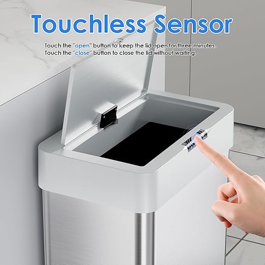 AthLike Sensor Trash Can, Touchless Motion Sensor Trash Bin, Smart Automatic Garbage Can with Soft-Close Lid, Bag Retainer Ring and Display Light,for Kitchen,Living Room Office (Silver, 18.5 Gal)