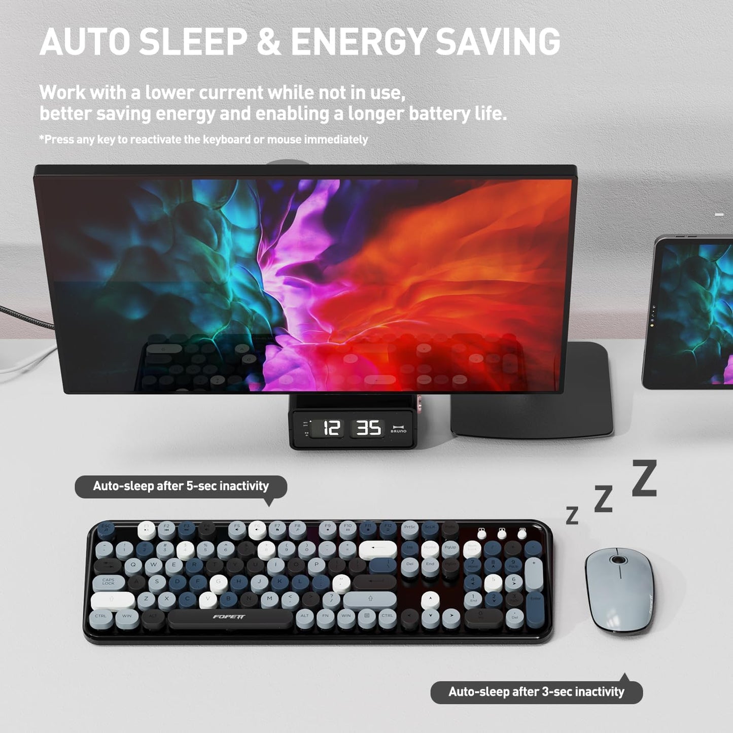 Keyboard and Mouse Wireless,Cute Retro Wireless Keyboard Mouse Combo with Round Key,2.4Ghz Dropout-Free Connection,Typewriter Keyboard Mouse Set for PC Laptop Desktop Computer-Grey Colorful