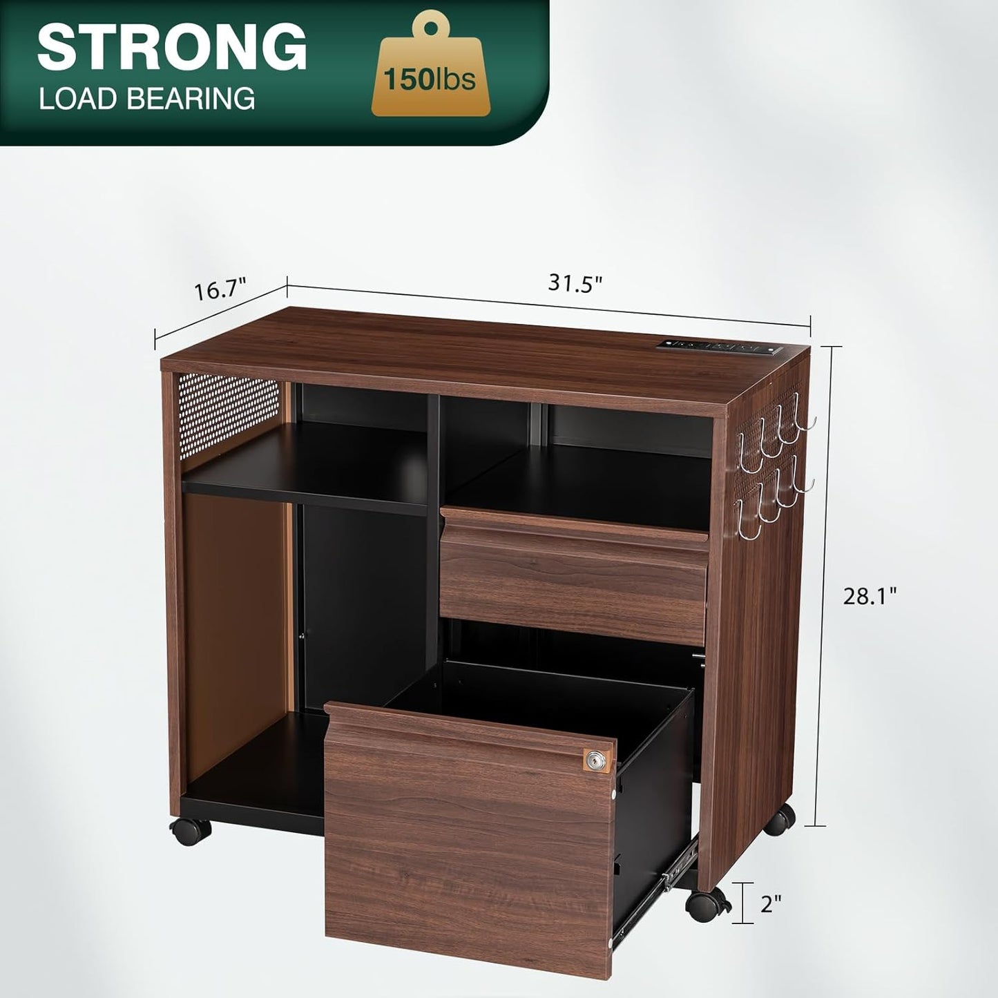 Mobile 2 Drawer File Cabinet,Metal File Cabinet with Lock，Lateral Printer Stand Filling Storage Cabinet for Home Office-A4/F4/Letter(Charging Socket)