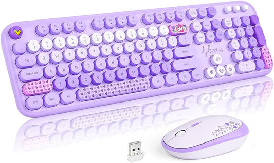MOFII Wireless Keyboard and Mouse Combo, Cute Retro Typewriter Keyboard and Silent Mouse, 2.4GHz Full Size Computer Keyboard Wireless Mouse Set for PC, Laptop, Desktop, Windows (Purple Colorful)