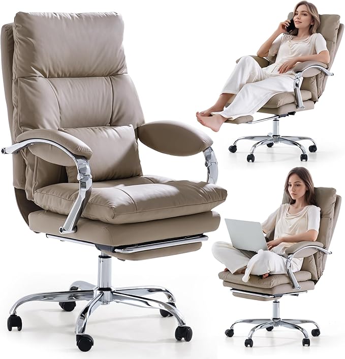 LEAGOO Reclining Office Chair with Foot Rest, Executive Office Chairs with Arms, Ergonomic High Back PU Leather Comfy Swivel Computer Desk Chairs with Wheels and Lumbar Support for Home Office, Khaki