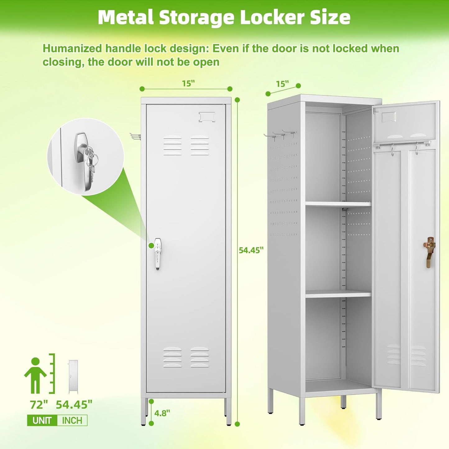 Metal Lockers for Employees with Handle,Metal Storage Locker with 2 Pegboard & 5 Hooks for Gym, School, Office,Home,Garage,White