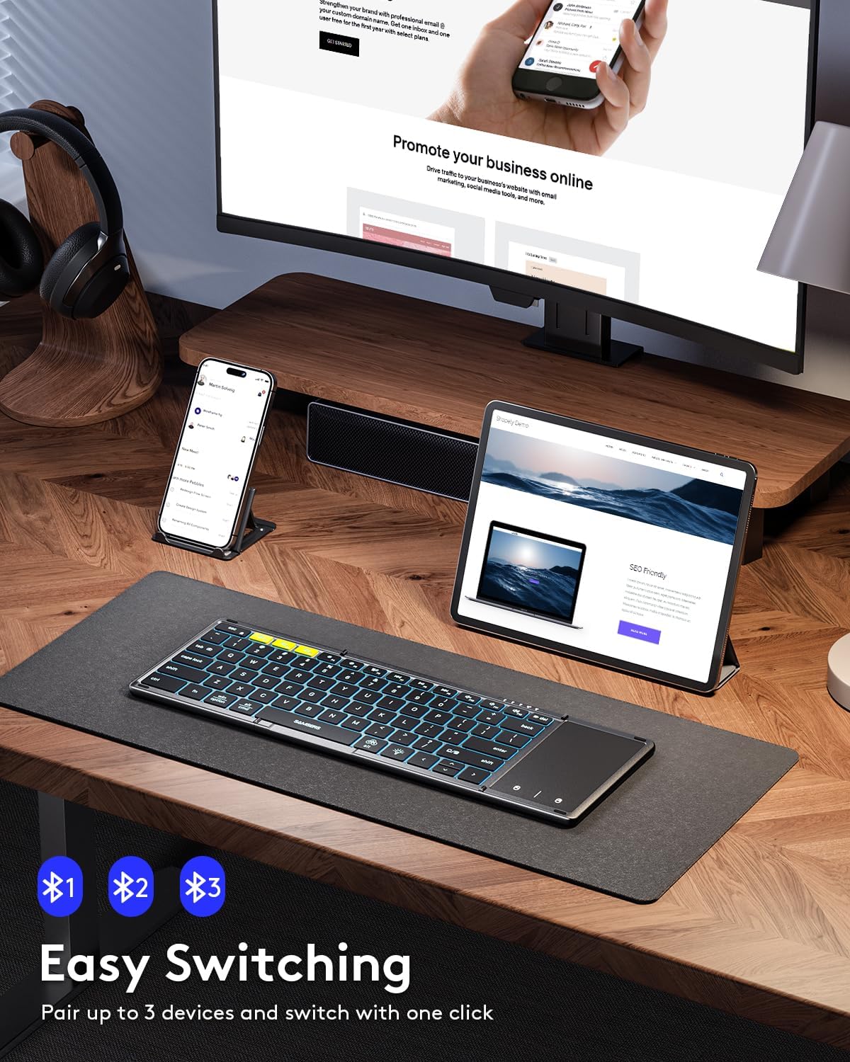 Samsers Foldable Bluetooth Keyboard with Touchpad, Full-Size Wireless Folding Keyboard with Backlight, Portable Travel Keyboards for iOS Android Windows Mac OS, Support 3 Device(BT5.1 x 3), Gray