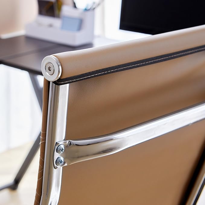 Livinia Modern Executive Office Chair with Patterned Back Design, Chrome & Leather Swivel Chair with High Back, Adjustable Height, Removable Armrests, and Wheels for Home Office (Brown(Chrome))