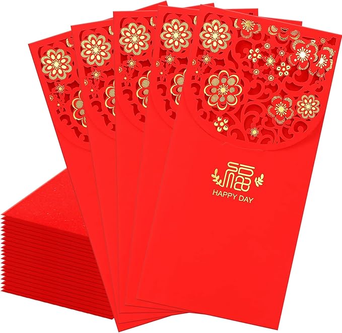 20 Pcs Chinese New Year Red Envelopes, 3.4 x 7 Inches Large 福 Hong Bao Lucky Money Cash Envelopes, Elegant Floral Design Red Packets Lai See for Spring Festival, Lunar New Year, Weddings, Birthdays