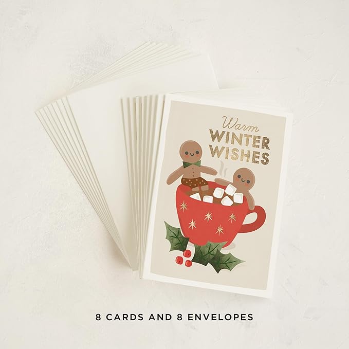 Minted Toasty Gingerbread Holiday Cards, 8 Cards with Envelopes, Folded 5x7 Christmas Cards with Hot Chocolate and Happy Gingerbread Men, Gold Foil-Pressed, Interior Message Included, Luxurious Paper