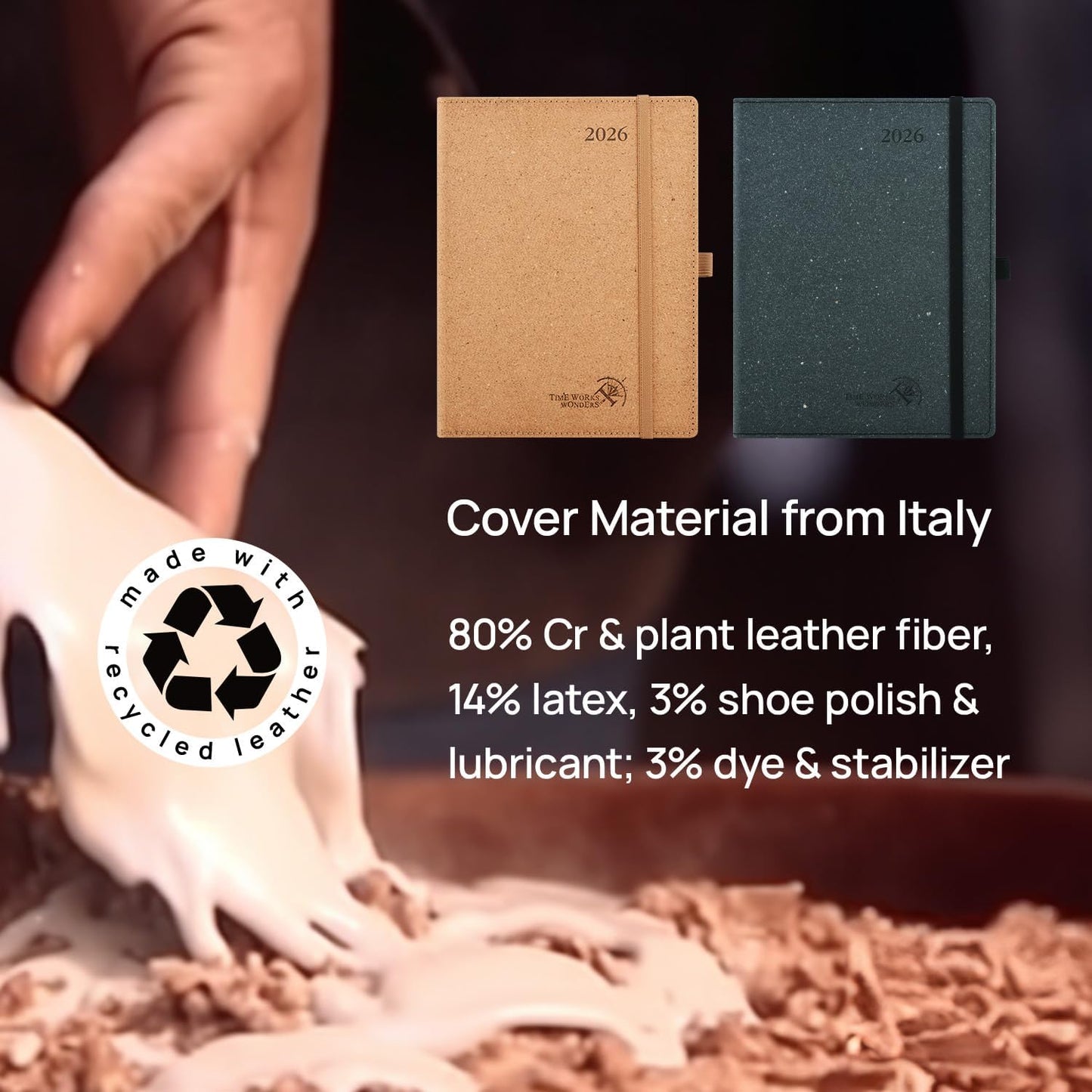 POPRUN 2026 Planner - 2026 Recycled Weekly Planner[6.5''x 8.5''- Italian Regenrated Leather Hard Cover] with Hourly Schedule & Vertical Weekly Layout, Monthly Tabs, Inner Pocket - Black Grey