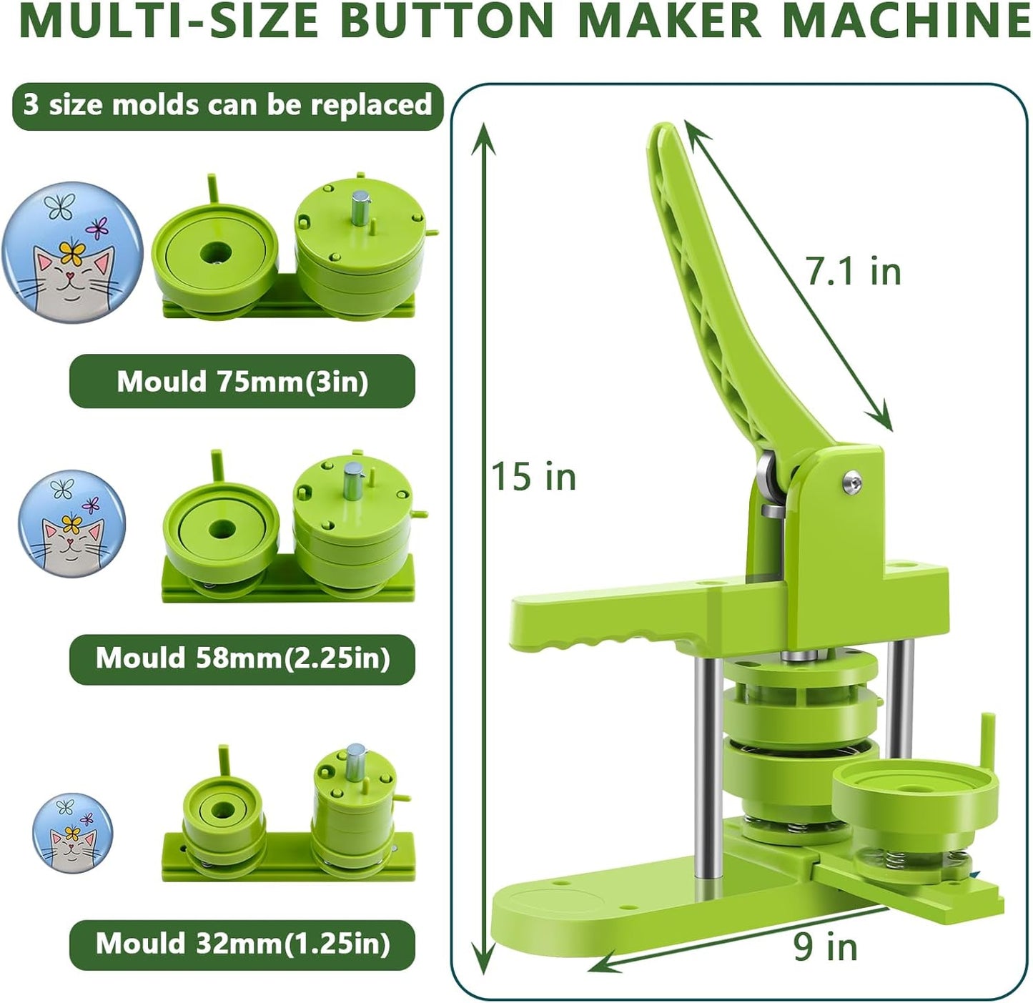 Button Maker Machine Multiple Sizes, DIY Pin Maker Button Press Machine 1.25+2.25+3 Inch, Removable Badge Press Kit with 300 Pcs 32mm+58mm+75mm Badge Supplies&Circle Cutter