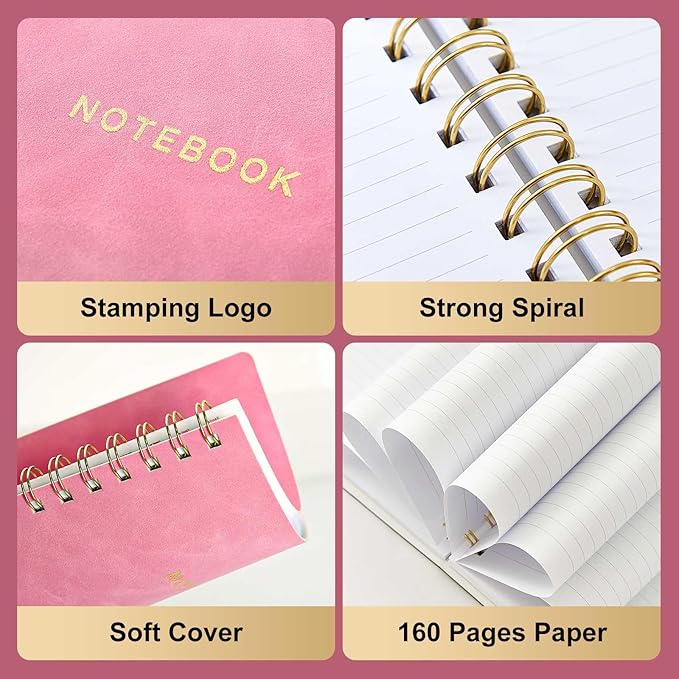 Spiral Notebook College Ruled Soft Cover Suede Aesthetic Note book 160Pages 8.5" x 6.34" For Work Note taking,Journals For Writing School Office With Double-Sided Pocket,100GSM Thick Paper