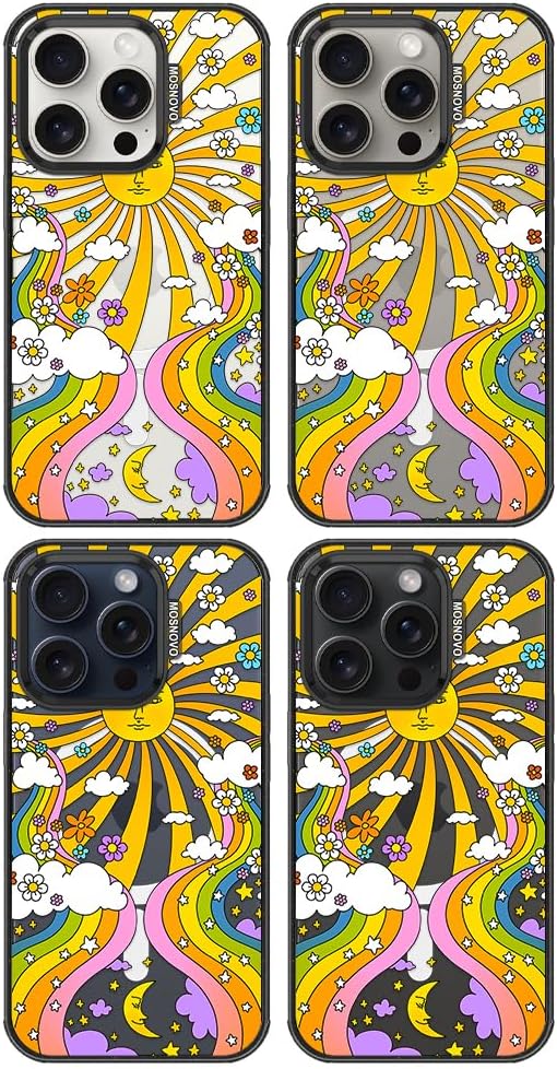 MOSNOVO Magnetic Case for iPhone 15 Pro, 10ft Military-Grade Protection, Compatible with Magsafe, Shockproof Phone Case for iPhone 15 Pro - 70's Psychedelic Groovy Art - Clear Black