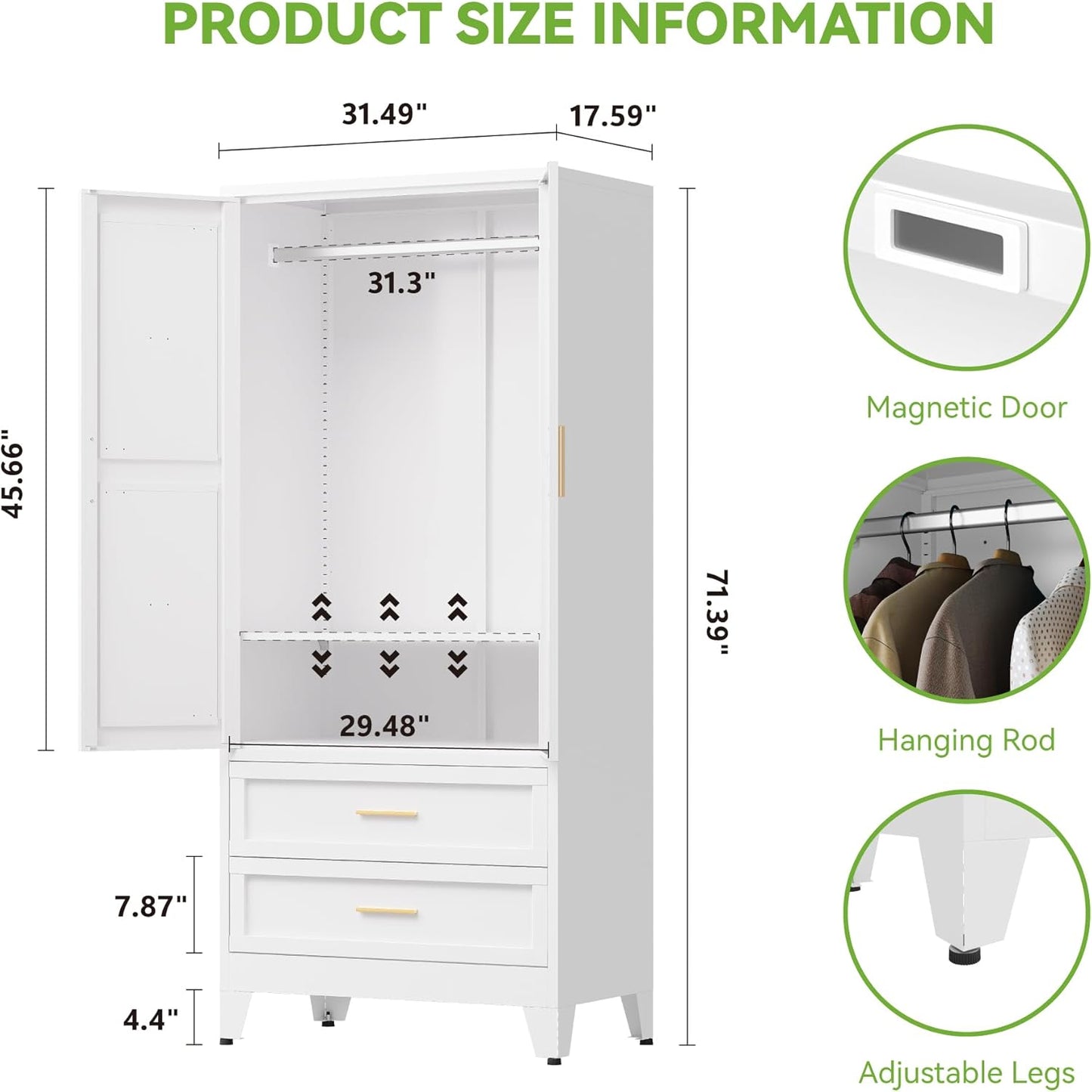 Metal Wardrobe Cabinet with Hanging Rod,71" Armoire Wardrobe Closet with 2 Drawers,Farmhouse Metal Clothing Storage Cabinets with Door and Adjustable Shelves for Bedroom,Laundry Room(White)