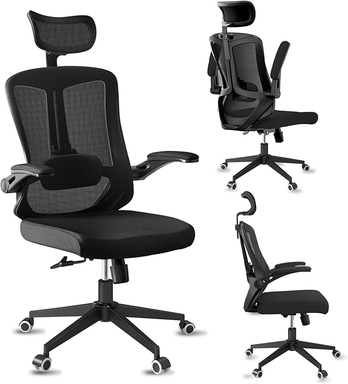 Comfy Office Chair, Home Ergonomic Desk Chairs, High Back Gaming Mesh Computer Chair with Wheels, Lumbar Support, Adjustable Headrest, Flip-up Armrest 350LBS Capacity