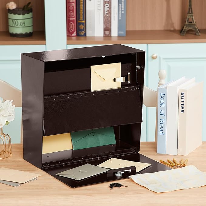 Extra Large Wall Mount Mailboxes for Outside 15.35 x 15 x 7 Inches Locking Security Mail Box Galvanized Steel Wall Mailbox Large Capacity Post Box with Key Lock and Reflective Stickers(Brown)