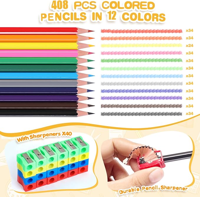 408 Packs Colored Pencils Bulk Classroom, Colored Pencils for Kids 12 Assorted Colors, Coloring Pencil Set Plus 40 Sharpeners, Pre-sharpened Color Pencil, Back to School Supplies Bulk for Teachers