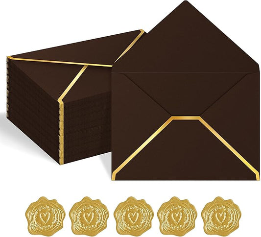 60 Pack Gold Envelopes 5x7 Bulk Tan Brown, 250G Pearled Cardstock A7 Envelopes for Invitations Business Mailing Envelope with Gold Foil Border, A6 4x6 Envelopes for Wedding Baby Shower Cards