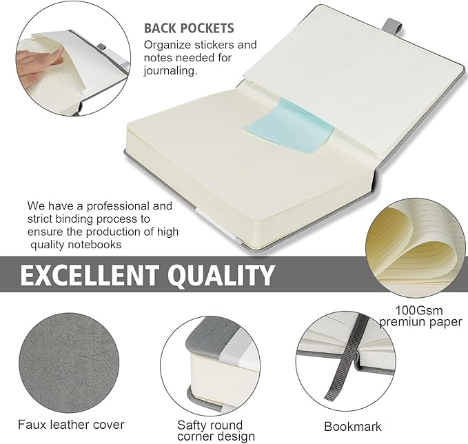 Lined Journal Notebook, 360 Numbered Pages(With page number), Thick Journal for Writing A5 College Ruled Notebook, 100gsm Lined Paper, Leather Hardcover, 5.75'' X 8.38''-Wall Gray