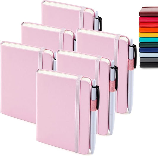 feela 6 Pack Pocket Small Notebooks Bulk, Mini Cute Memo Notepads Hardcover College Ruled Lined Journals with Pen Holder for Women Girls Office School, with 6 Black Pens, 3.5”x 5.5”, A6, Rose Pink