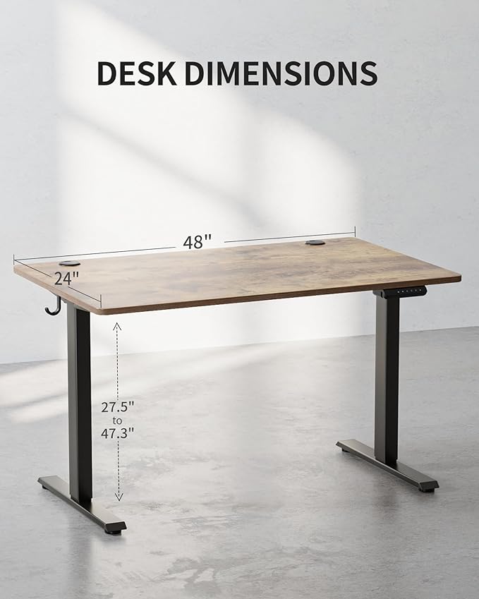 FEZIBO One-Piece Standing Desk Adjustable Height Stand up Home Office Desk, 48x24 Inch Electric Standing Computer Desk, with 4 Memory Presets, Fixable casters, Rustic Brown