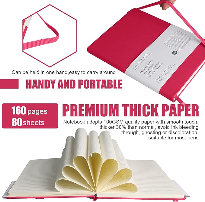 Lined Journal Notebook, (Rose Red), 160 Pages, Medium 5.7 inches x 8 inches - 100 gsm Thick Paper, Hardcover