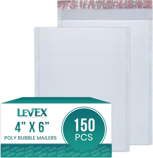 Levex - #0000 4" x 6" [150 Pack] Poly Bubble Mailers, Padded Envelope Mailers, Packing Envelope & Mailing Bags for Shipping