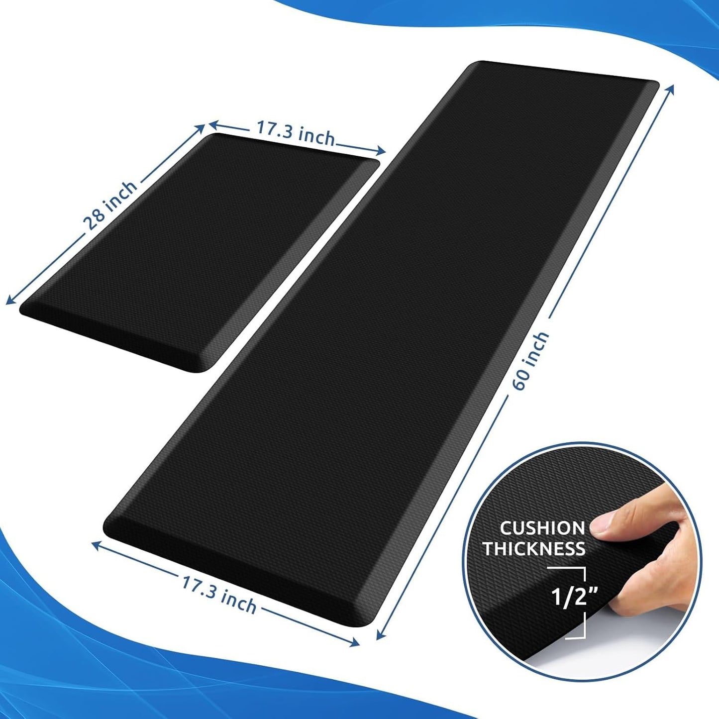 KitchenClouds 2PCS Kitchen Rugs Cushioned Anti-Fatigue Non-Slip Waterproof Kitchen Mat Comfort Foam Standing Mat for Floor Office Sink Laundry (Black)