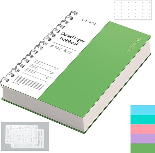 EMSHOI A5 Spiral Notebook Bullet Dotted Journal, Small 5.7" X 8.22", 300 Pages/150 Sheets, 100gsm Dot Grid Paper, Waterproof Hardcover, for Office School Women Men Work Writing Notes-Green