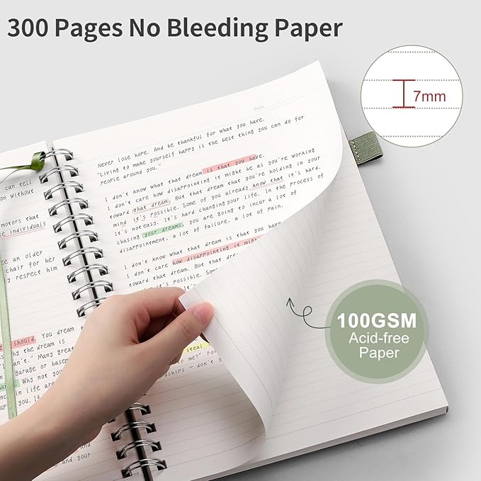 EMSHOI Lined Journal A4 Spiral Notebook, College Ruled Notebook, 300 Pages/150 Sheets, 100gsm Acid-Free Paper, Waterproof Softcover Notebook for School, Work, Writing, 8.27" × 11.2" - Light Green