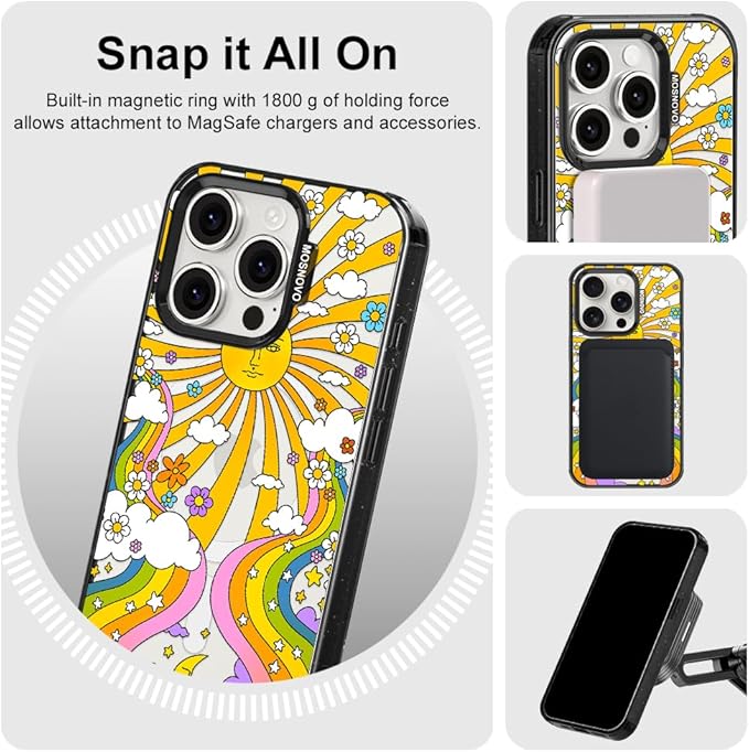 MOSNOVO Magnetic Case for iPhone 15 Pro, 10ft Military-Grade Protection, Compatible with Magsafe, Shockproof Phone Case for iPhone 15 Pro - 70's Psychedelic Groovy Art - Clear Black