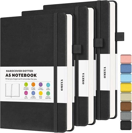 OMEYA Dotted Journal Notebook 3 Pack, A5 Hardcover Notebook with 120gsm Thick Dotted Paper, Leather Journals for Women, Men, Dot Grid Notebook Journal for Writing, Notebooks for Work, 5.75" × 8.38"