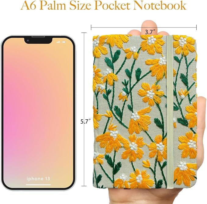 Daisy Gifts for Women, Flower Embroidered Journal, Pocket Sketchbook, A6, Small Unlined Notebook 4x6, Hardcover, Lay Flat, Elastic Band, Cute Notebooks, Pretty Journal, Yellow Daisy