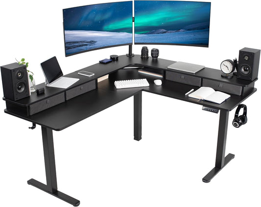 VIVO Electric 2-Tier Corner L-Shaped 63 x 55 inch Standing Desk, Height Adjustable, Memory Controller, Black Top Black Frame, Dark Gray Drawers, DESK-E3CVB