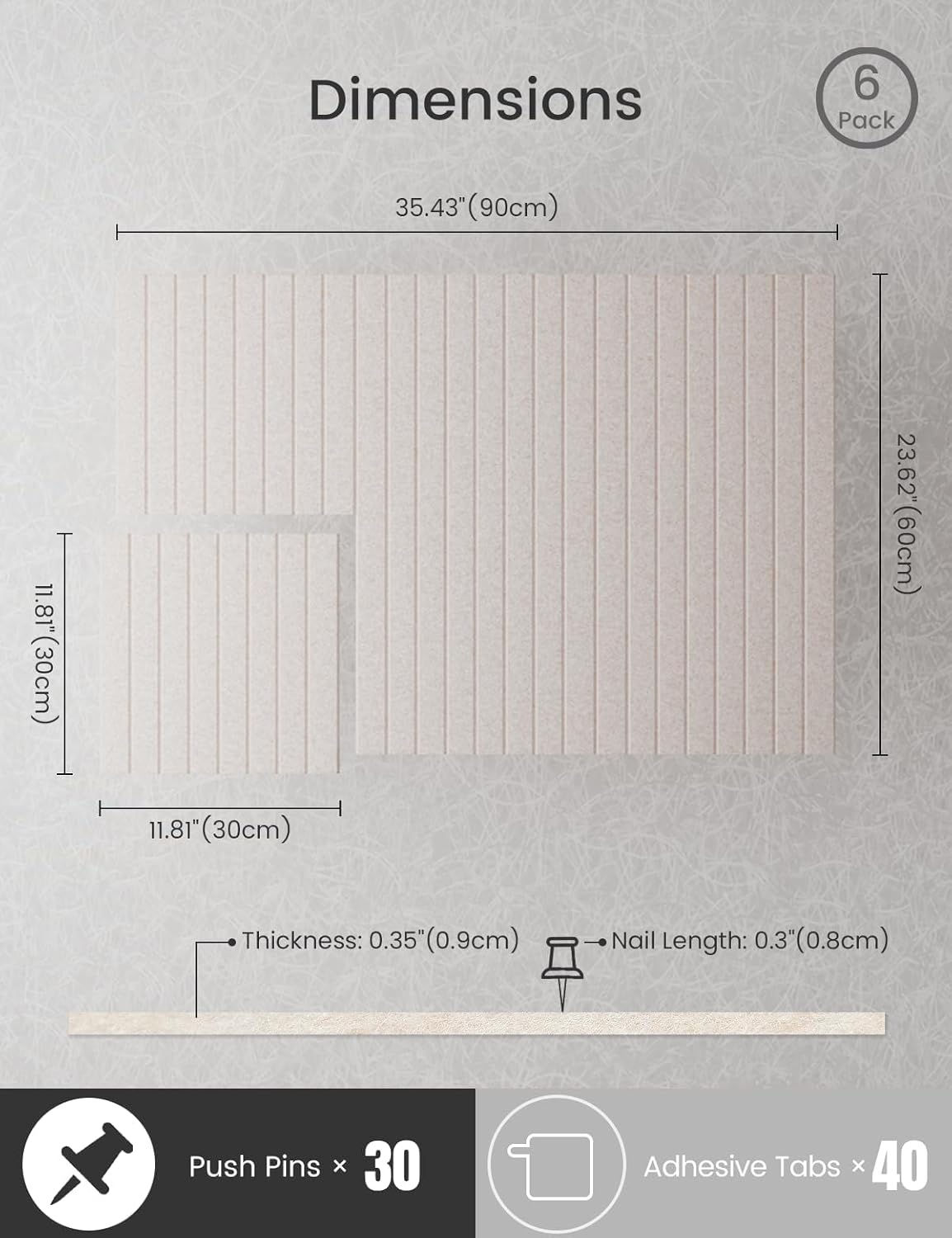 Bumusty Large Cork Board Alternative-36 x24 Felt Bulletin Board Tiles, with 30 Pushpins, 40 Adhesive Tabs, 6-Pack Slat Wall Paneling, Cork Boards for Office Push Pin Board Felt Board-Oatmeal