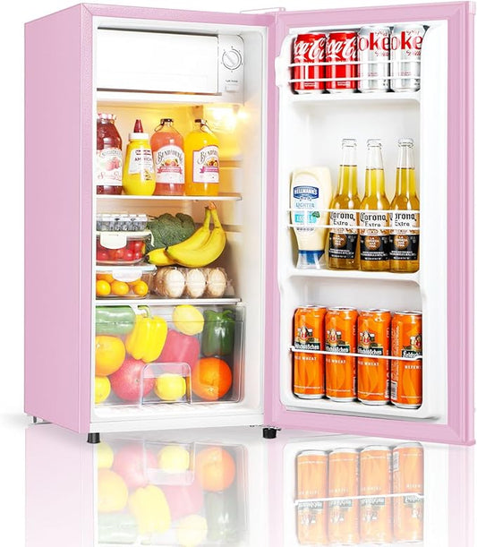 Seaoola Mini Fridge with Freezer, Single Door 3.1 Cu.Ft, Compact Mini Refrigerator, LED Light, Adjustable Thermostat, Removable Glass Shelves, Small Refrigerator for Dorm/Office/Bedroom(Pink)