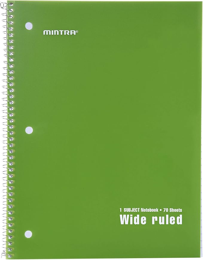 Mintra Office Spiral Notebooks - 1 Subject, Poly Cover, 70 Sheets, WIDE Ruled, 8in x 10in, Bulk Pack, Primary Color Waterproof Covers, Set of 6 - for School, Office, Business, Professional (04658)
